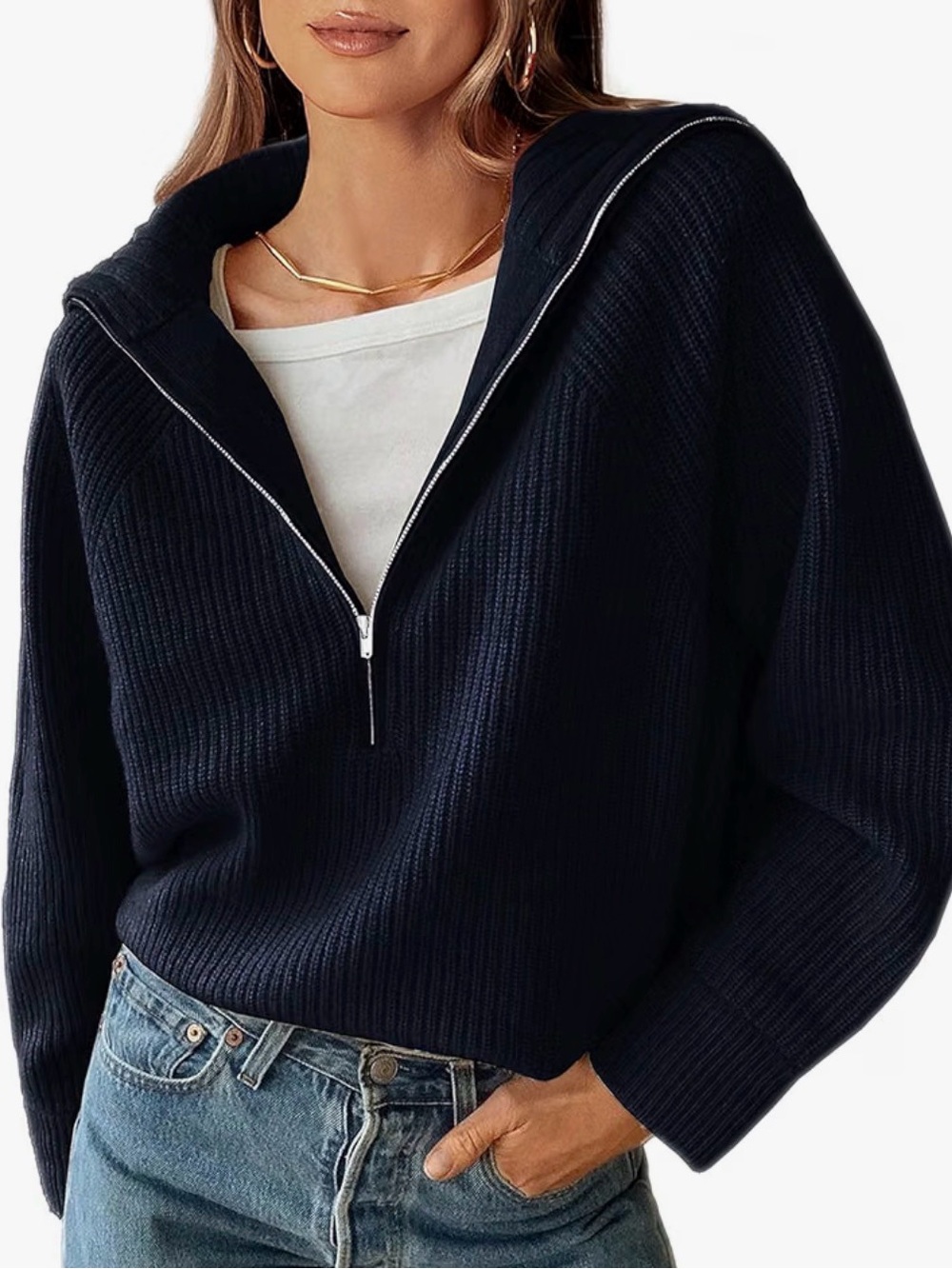 Half-Zip Ribbed Turtleneck Sweater - Navy
